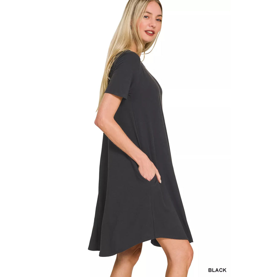 Zenana Short Sleeve Round Hem A-Line Dress with Side Pockets Apparel and Accessories
