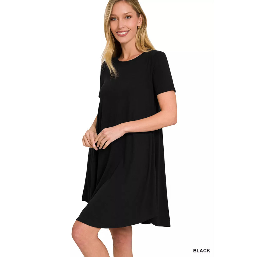 Zenana Short Sleeve Round Hem A-Line Dress with Side Pockets BLACK / S Apparel and Accessories