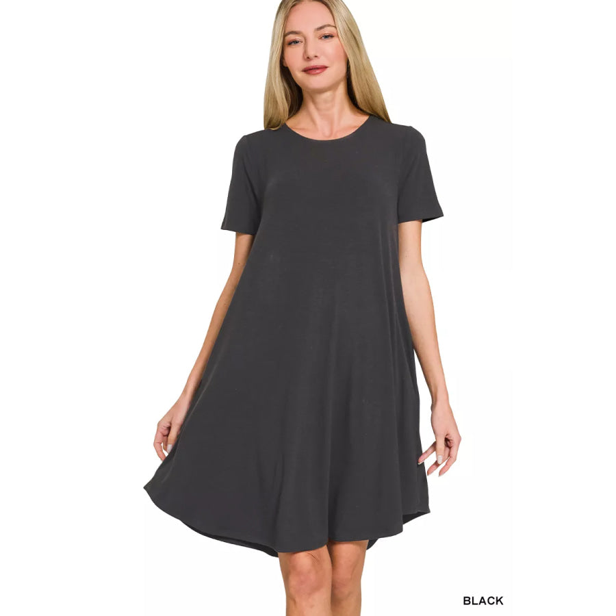 Zenana Short Sleeve Round Hem A-Line Dress with Side Pockets BLACK / S Apparel and Accessories