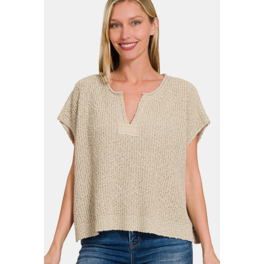 Zenana Short Sleeve Side Slit Sweater Apparel and Accessories