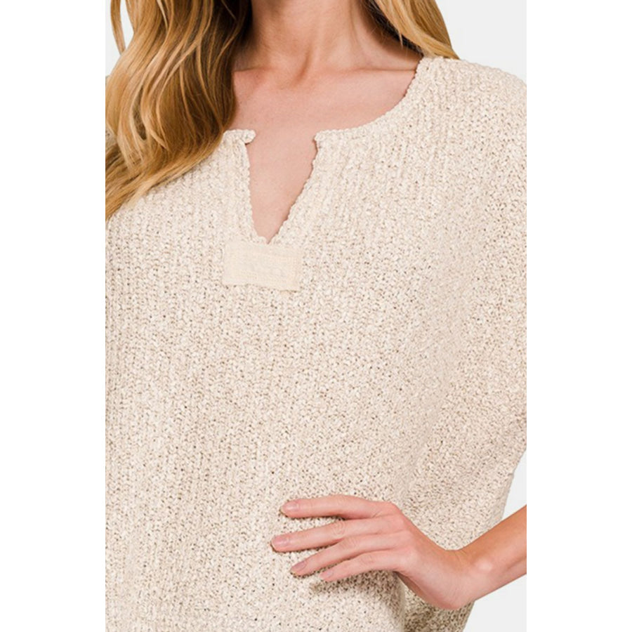 Zenana Short Sleeve Side Slit Sweater Sand Beige / S/M Apparel and Accessories