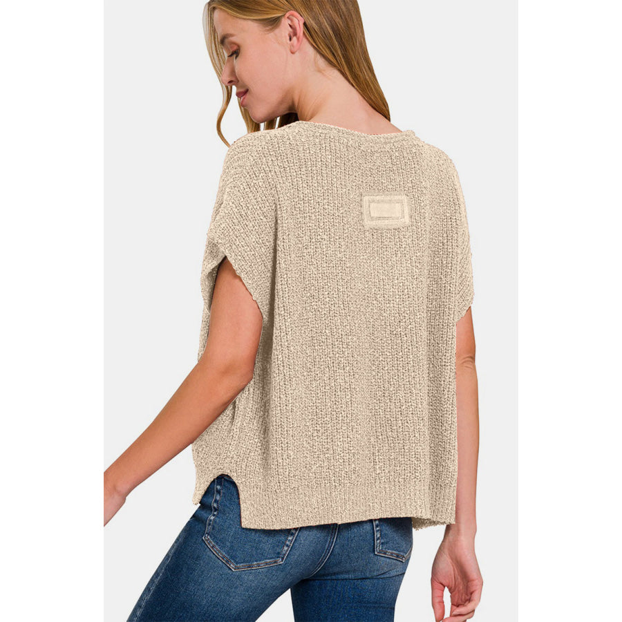 Zenana Short Sleeve Side Slit Sweater Apparel and Accessories