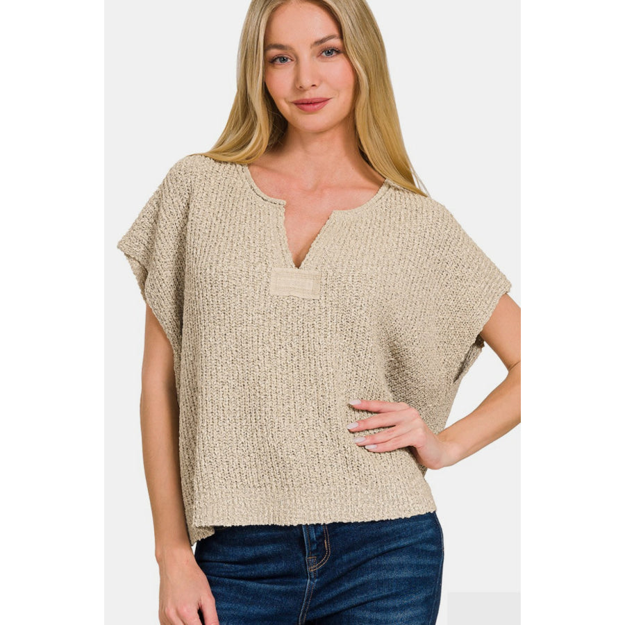 Zenana Short Sleeve Side Slit Sweater H Mocha / S/M Apparel and Accessories