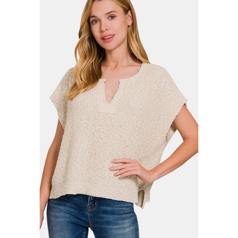 Zenana Short Sleeve Side Slit Sweater Sand Beige / S/M Apparel and Accessories