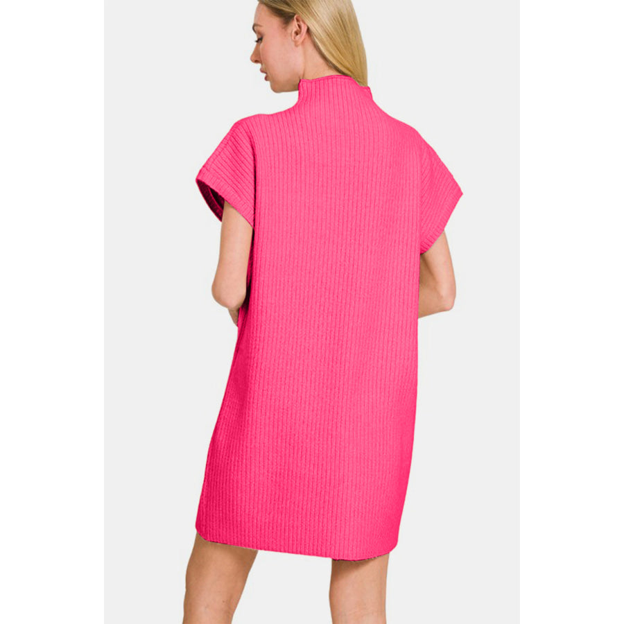 Zenana Short Sleeve Sweater Mini Dress Hot Pink / S Apparel and Accessories