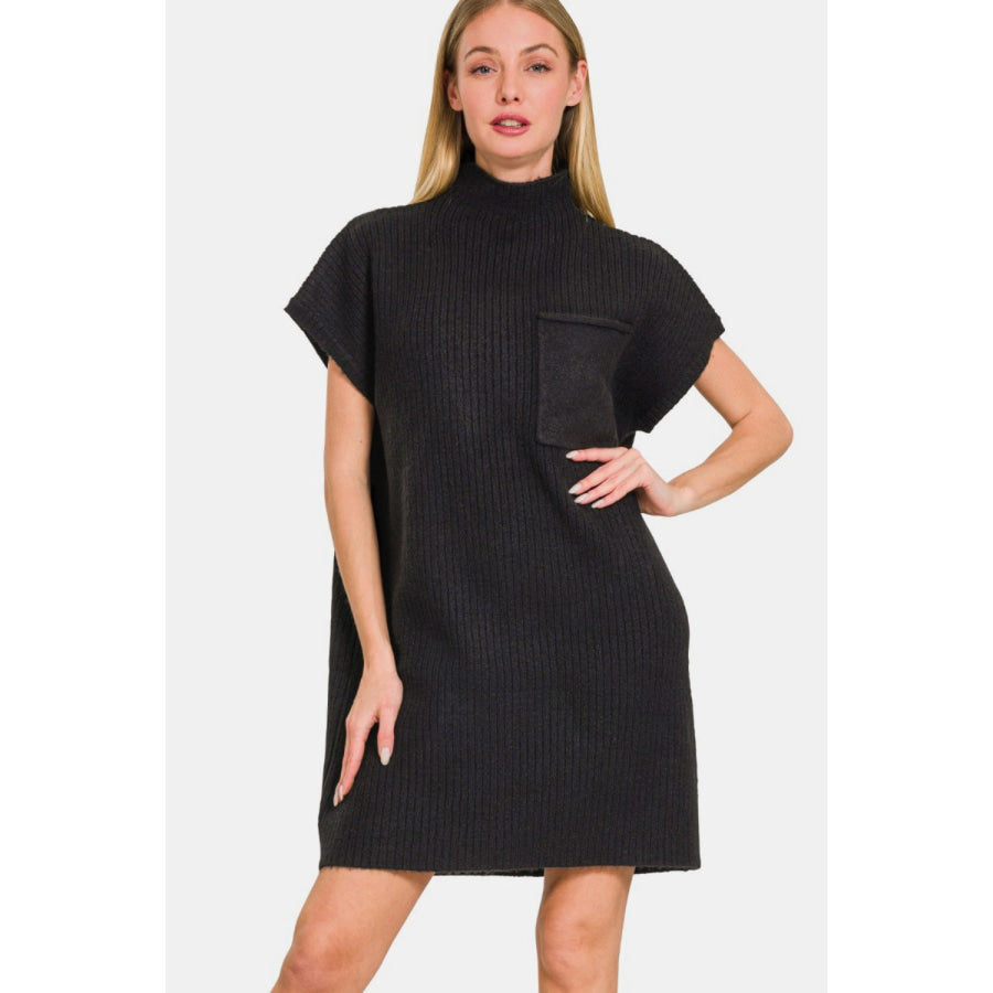 Zenana Short Sleeve Sweater Mini Dress Black / S Apparel and Accessories