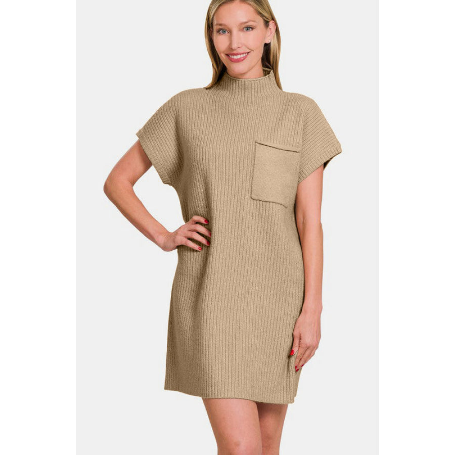 Zenana Short Sleeve Sweater Mini Dress Camel / S Apparel and Accessories