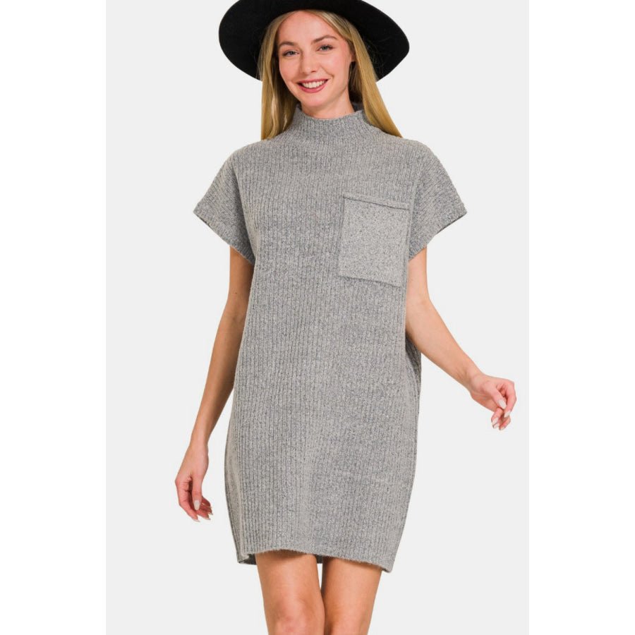 Zenana Short Sleeve Sweater Mini Dress Grey / S Apparel and Accessories