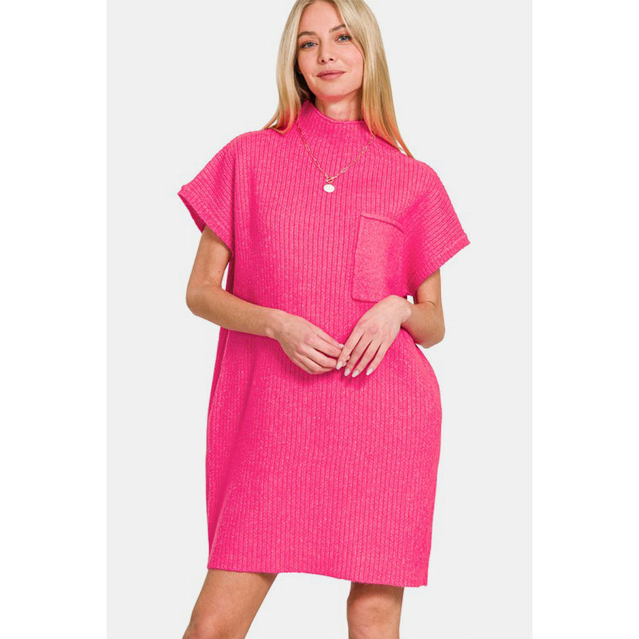 Zenana Short Sleeve Sweater Mini Dress Hot Pink / S Apparel and Accessories