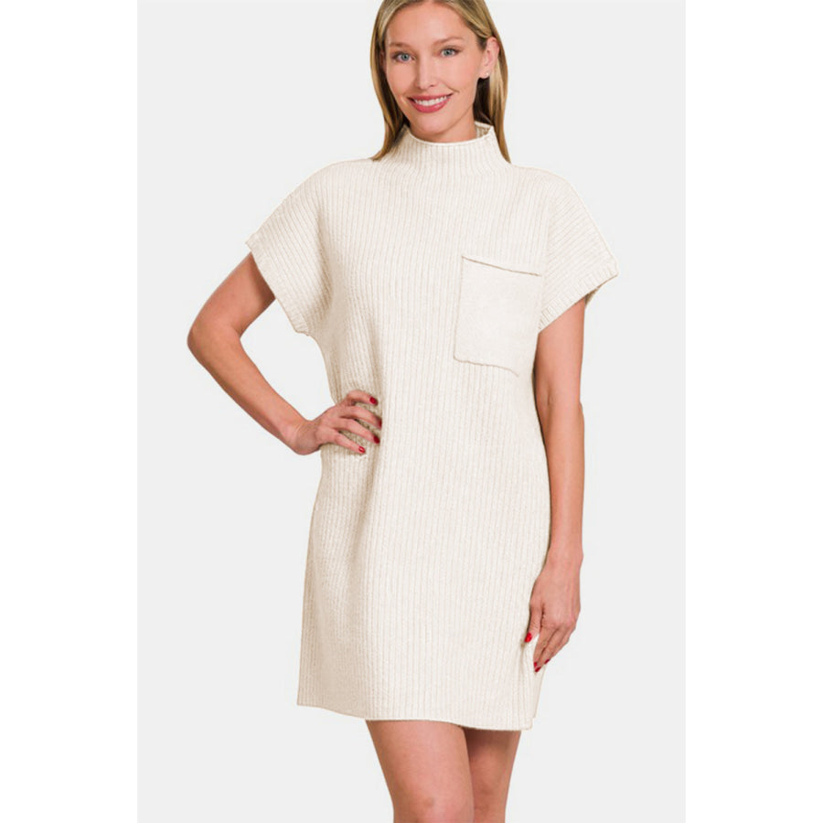 Zenana Short Sleeve Sweater Mini Dress Ivory / S Apparel and Accessories