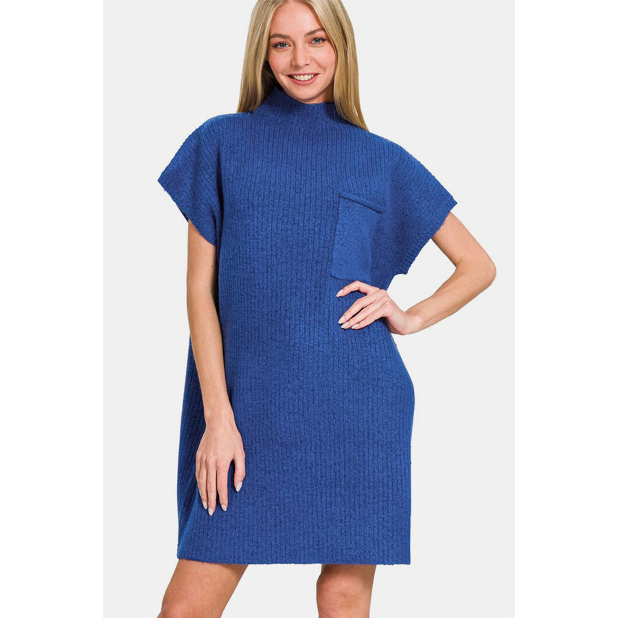 Zenana Short Sleeve Sweater Mini Dress Navy / S Apparel and Accessories