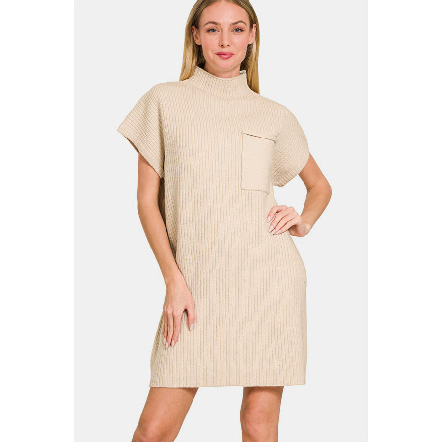 Zenana Short Sleeve Sweater Mini Dress Sand Beige / S Apparel and Accessories