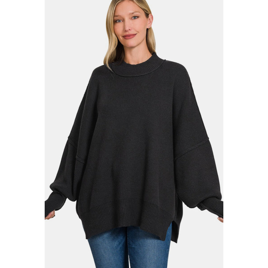 Zenana Side Sit Oversize Sweater Black / S/M Apparel and Accessories