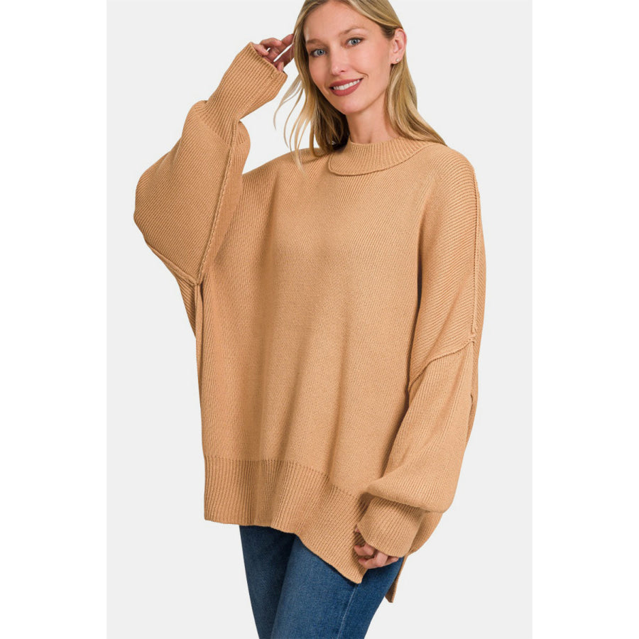 Zenana Side Sit Oversize Sweater Dk Brush / S/M Apparel and Accessories