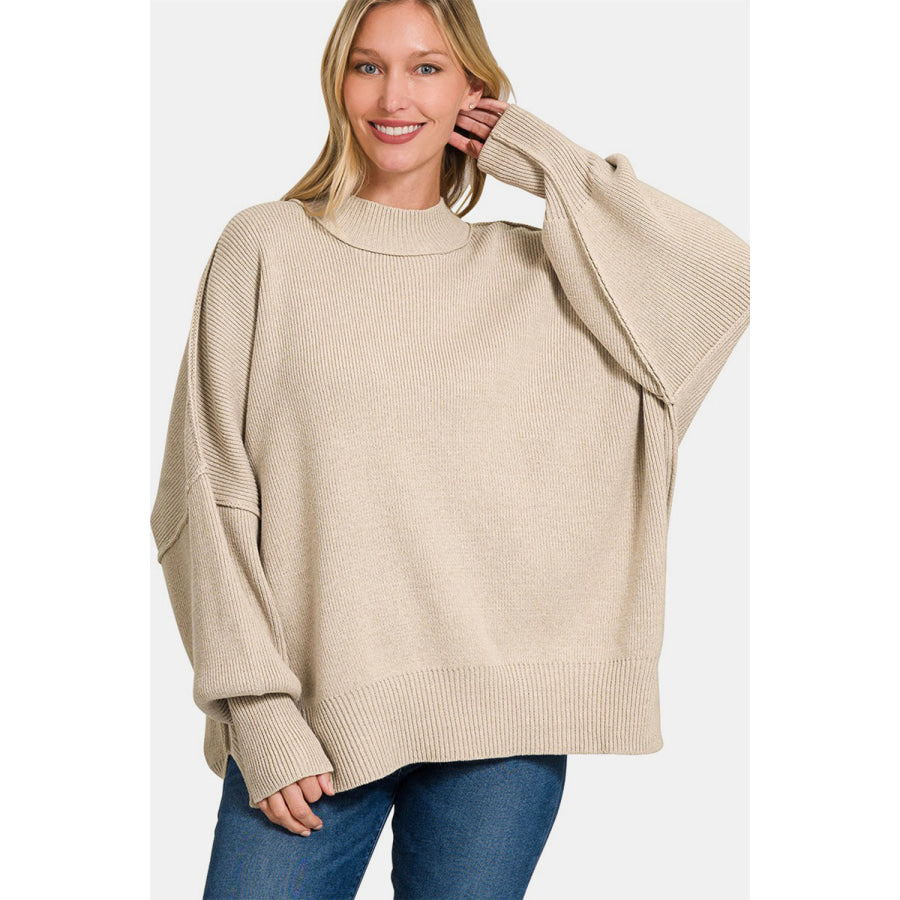 Zenana Side Sit Oversize Sweater H Beige / S/M Apparel and Accessories