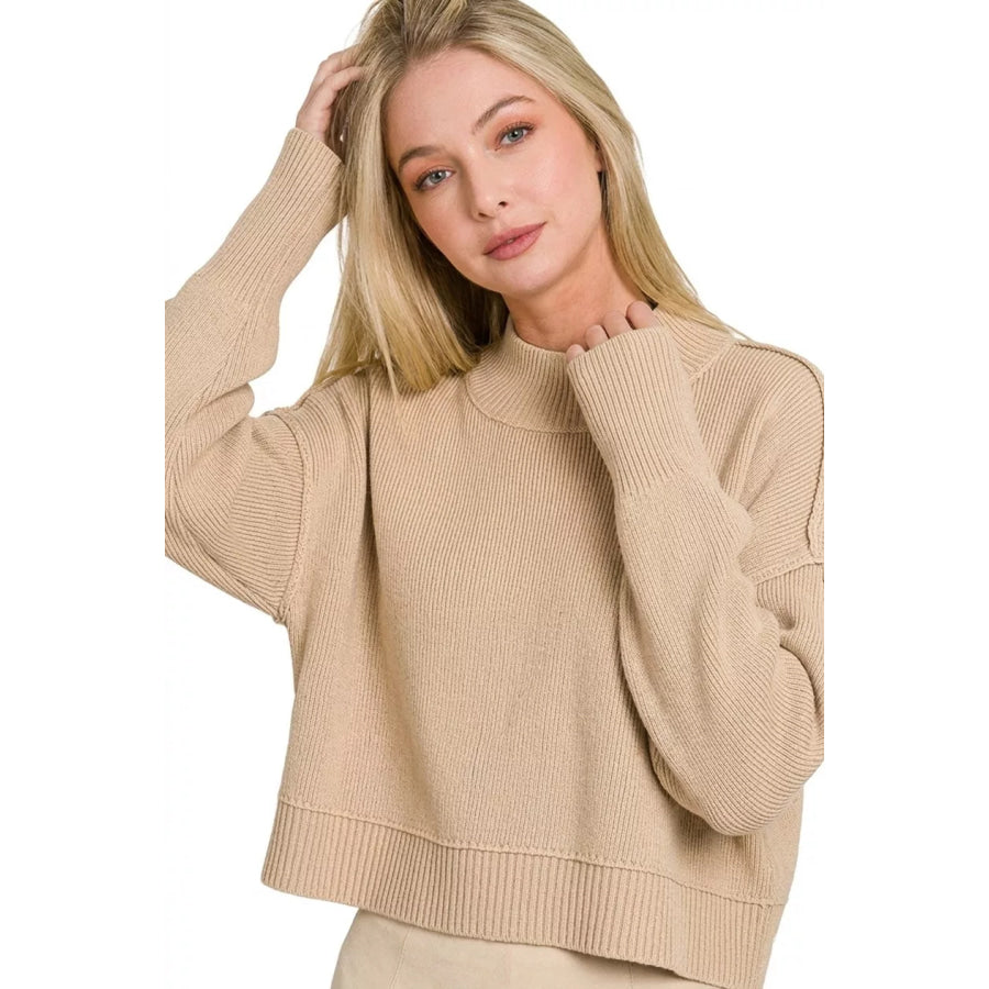 Zenana Side Slit Oversized Cropped Sweater Apparel and Accessories