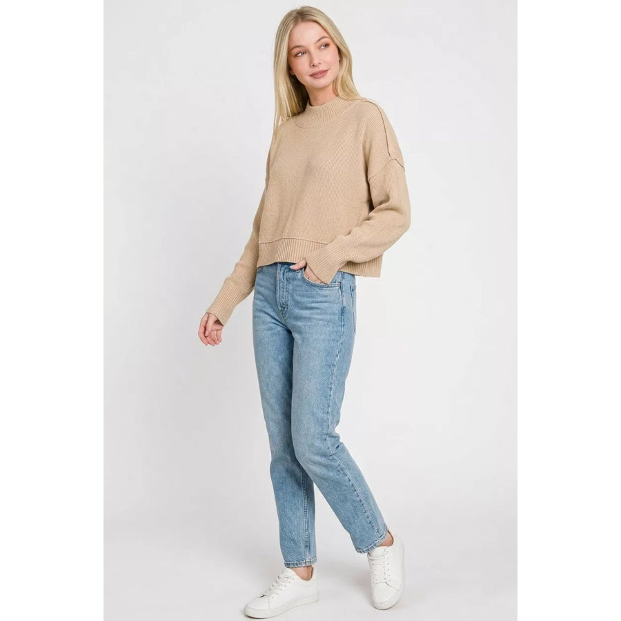 Zenana Side Slit Oversized Cropped Sweater Apparel and Accessories