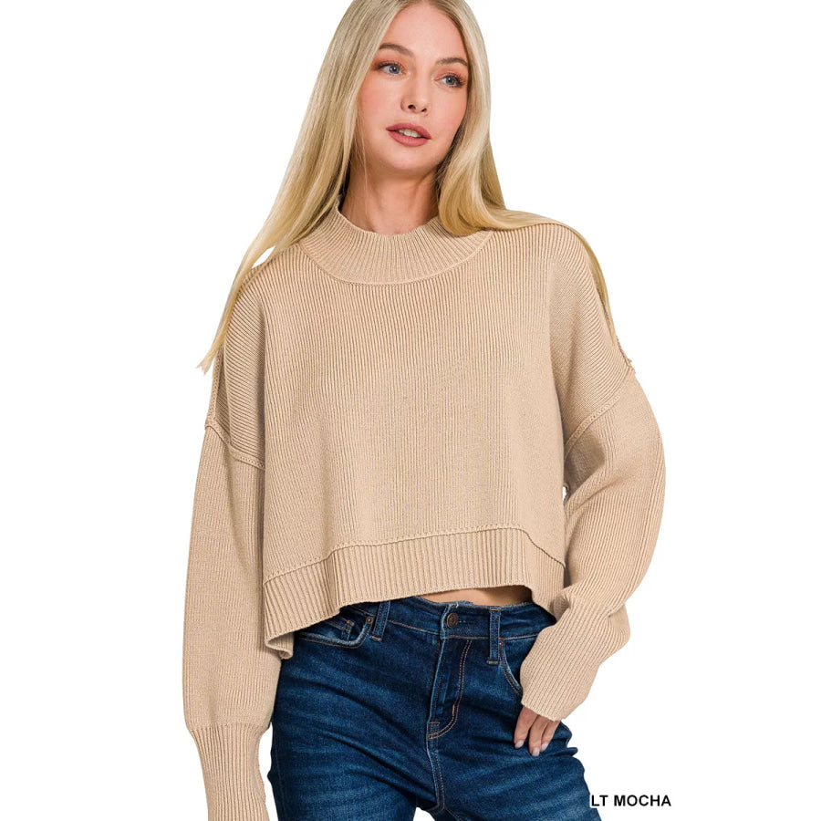 Zenana Side Slit Oversized Cropped Sweater LT MOCHA / S/M Apparel and Accessories