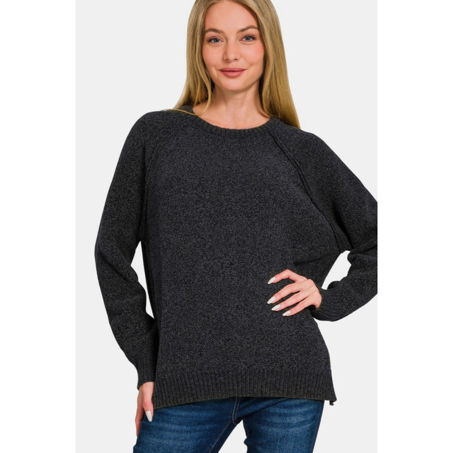 Zenana Side Slit Raglan Sleeve Sweater Black / S Apparel and Accessories