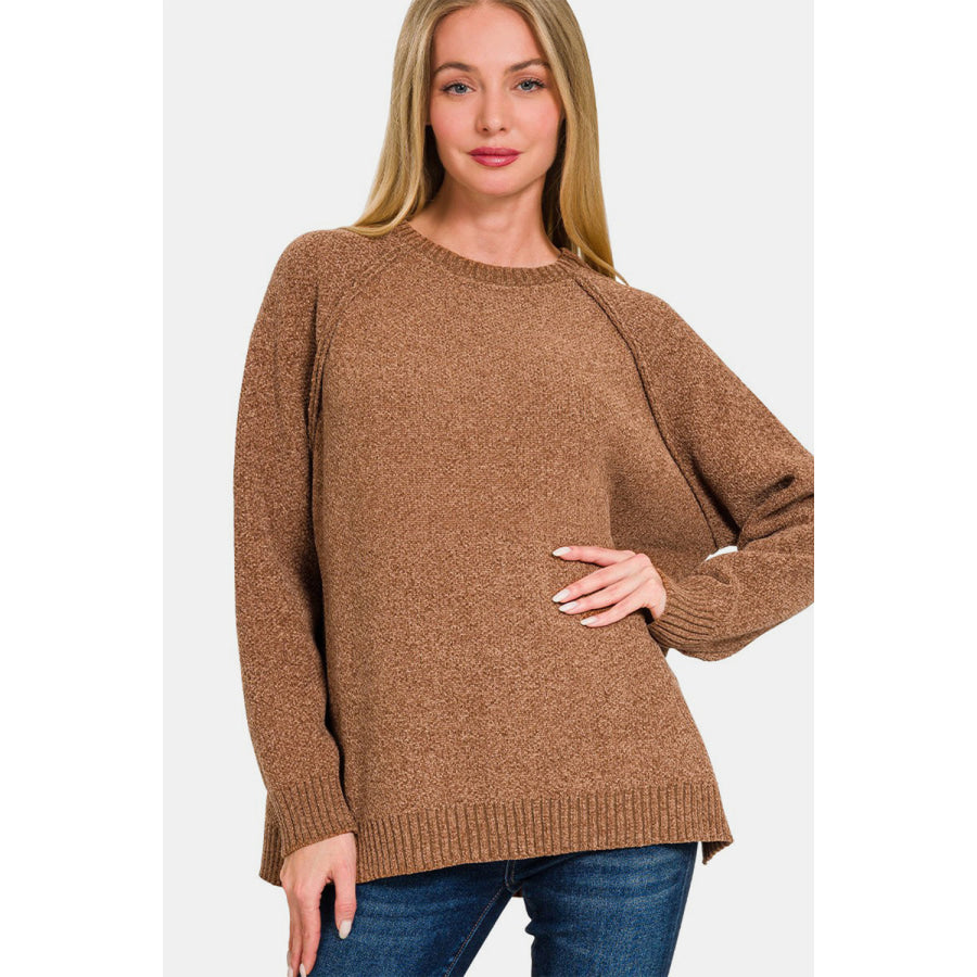 Zenana Side Slit Raglan Sleeve Sweater Deep Camel / S Apparel and Accessories