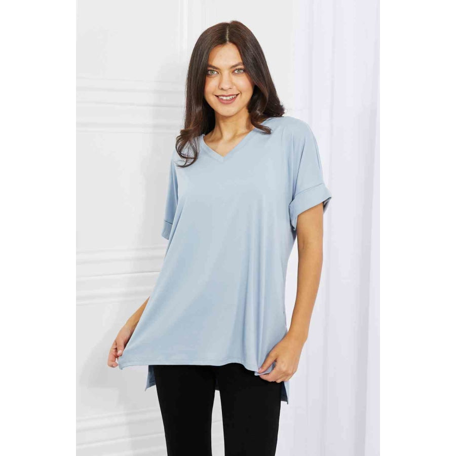 Zenana Simply Comfy Full Size V-Neck Loose Fit T-Shirt in Blue Apparel and Accessories