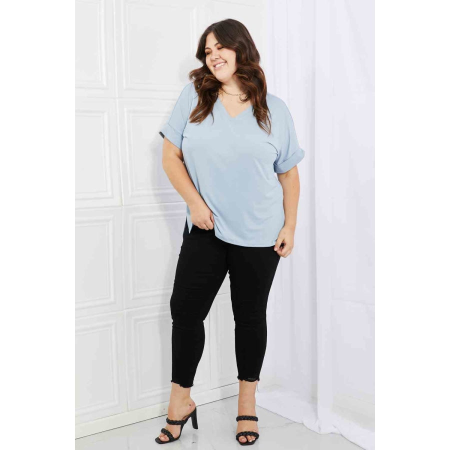 Zenana Simply Comfy Full Size V-Neck Loose Fit T-Shirt in Blue Apparel and Accessories