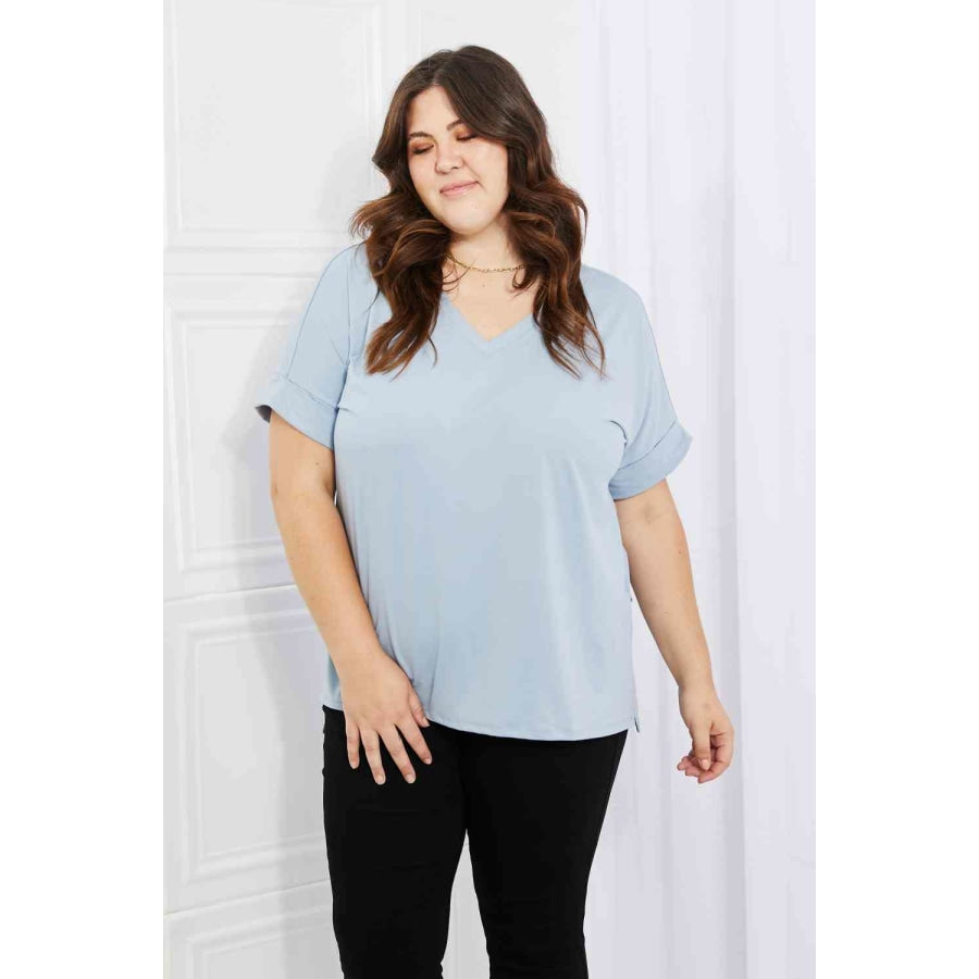 Zenana Simply Comfy Full Size V-Neck Loose Fit T-Shirt in Blue Misty Blue / S Apparel and Accessories