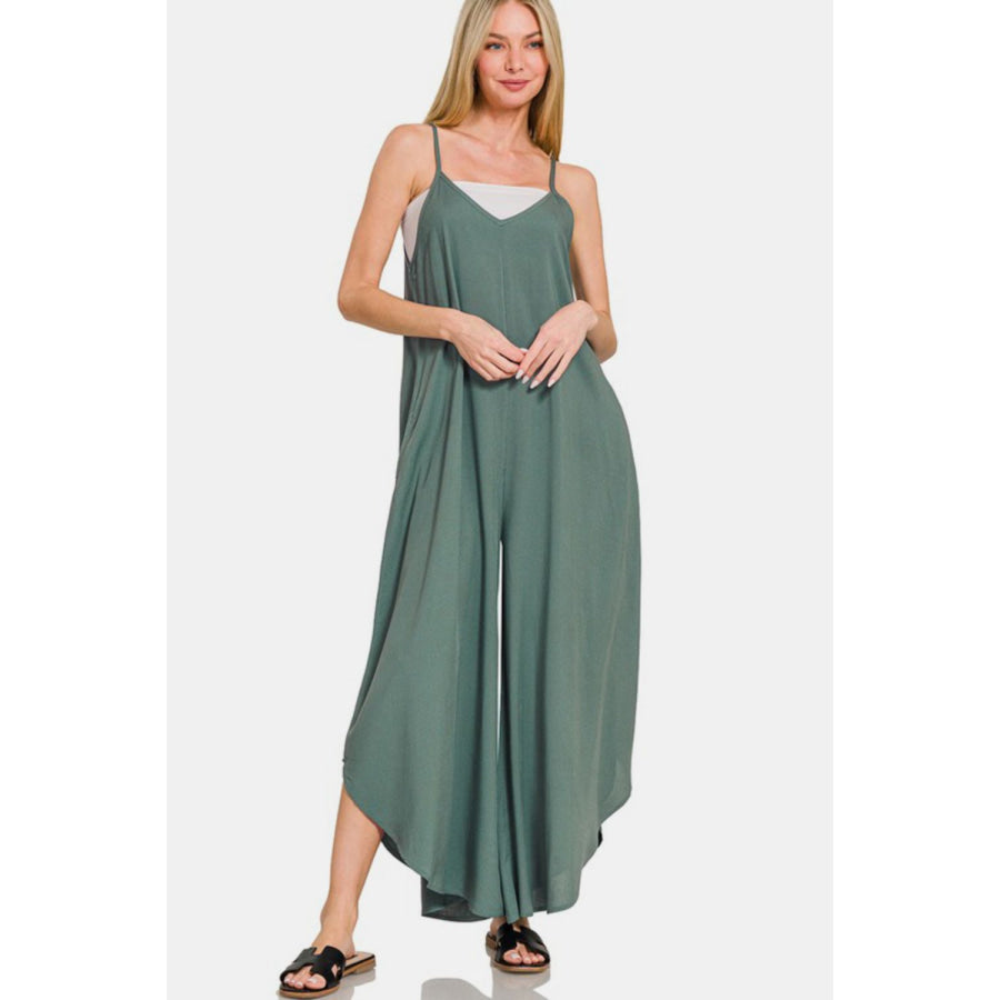 Zenana Sleeveless Curved Hem Wide Leg Overalls with Pockets Apparel and Accessories