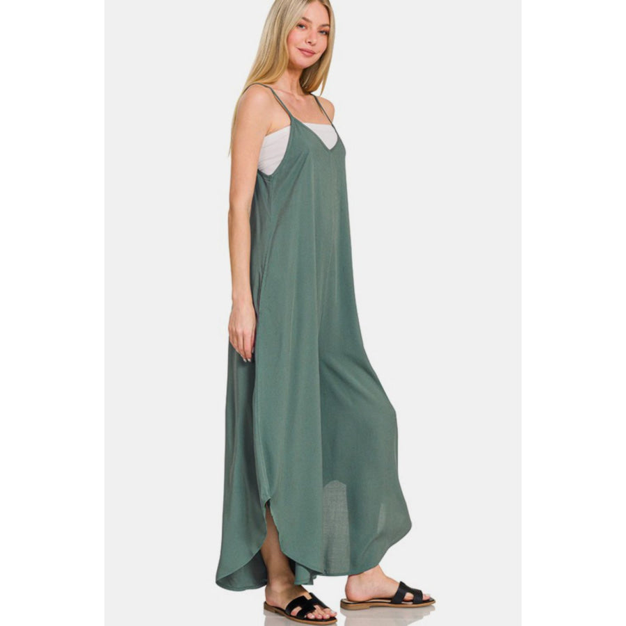 Zenana Sleeveless Curved Hem Wide Leg Overalls with Pockets Apparel and Accessories