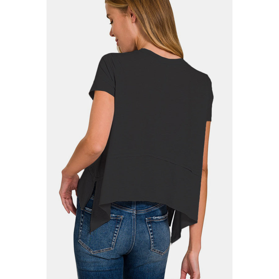 Zenana Slit High-Low Round Neck T-Shirt Black / S Apparel and Accessories