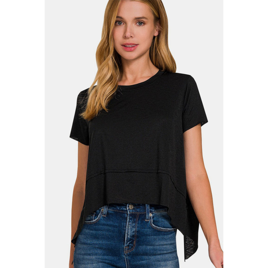 Zenana Slit High-Low Round Neck T-Shirt Black / S Apparel and Accessories