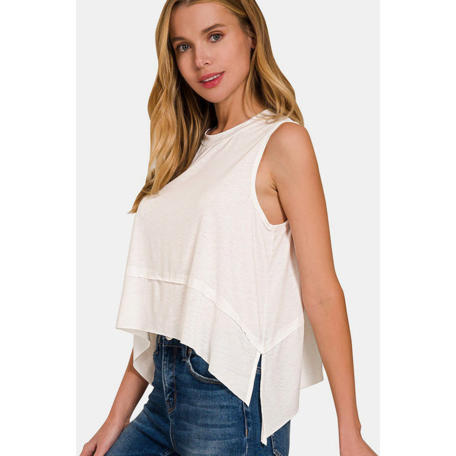 Zenana Slit High-Low Round Neck Tank Ivory / S Apparel and Accessories