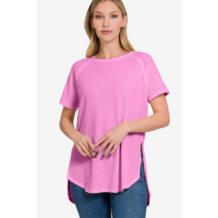 Zenana Slit Round Neck Short Sleeve Waffle Top Apparel and Accessories