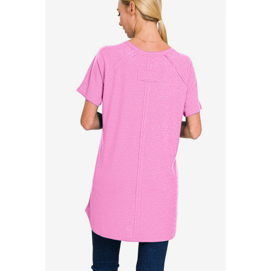 Zenana Slit Round Neck Short Sleeve Waffle Top BRIGHT MAUVE / S Apparel and Accessories