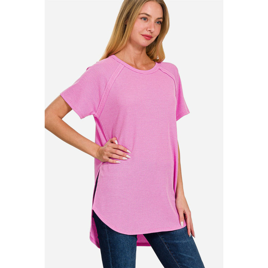 Zenana Slit Round Neck Short Sleeve Waffle Top BRIGHT MAUVE / S Apparel and Accessories