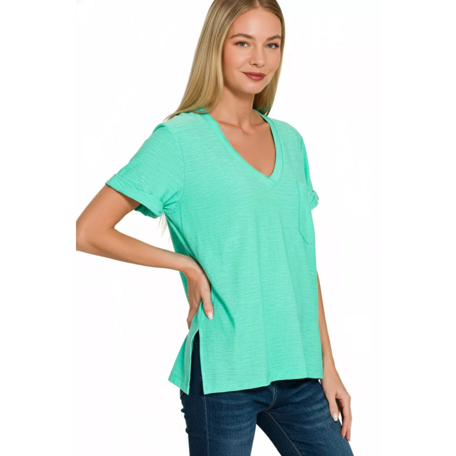 Zenana Slub Rolled Short Sleeve V-Neck Tee Apparel and Accessories