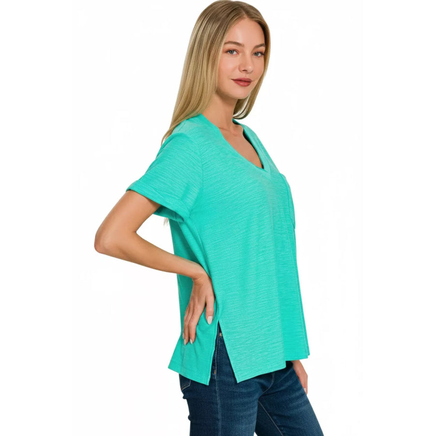 Zenana Slub Rolled Short Sleeve V-Neck Tee Apparel and Accessories