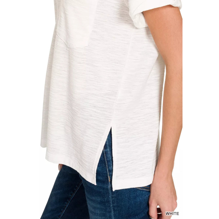 Zenana Slub Rolled Short Sleeve V-Neck Tee Apparel and Accessories