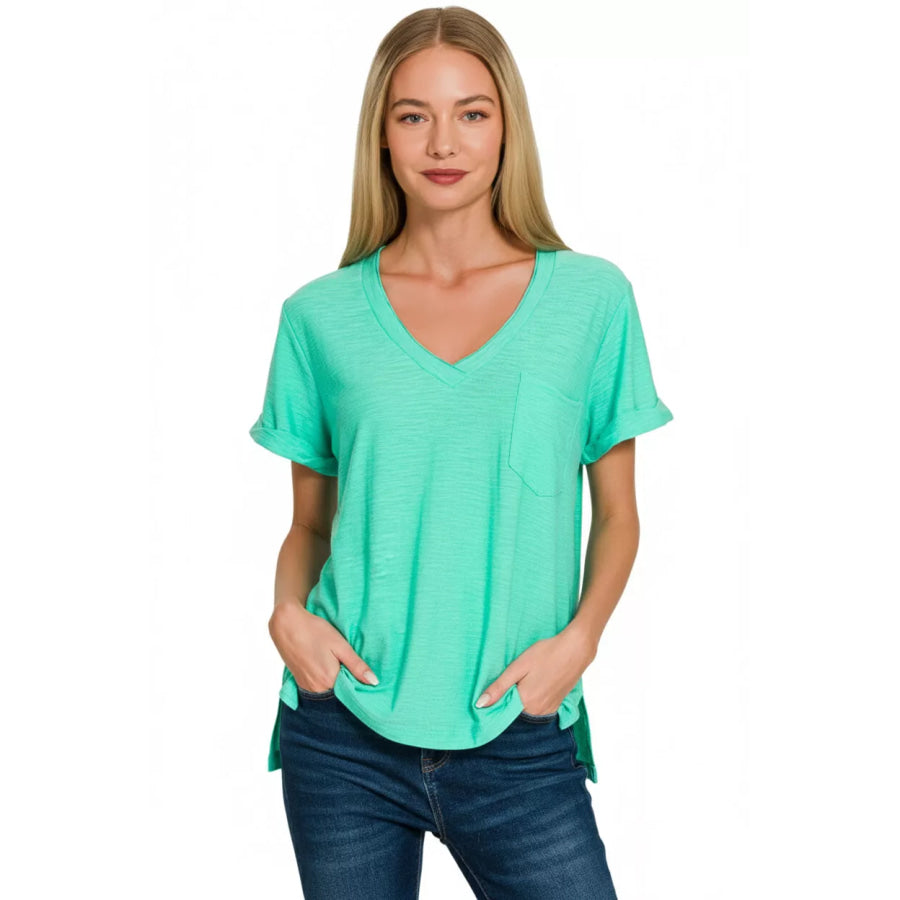 Zenana Slub Rolled Short Sleeve V-Neck Tee Apparel and Accessories