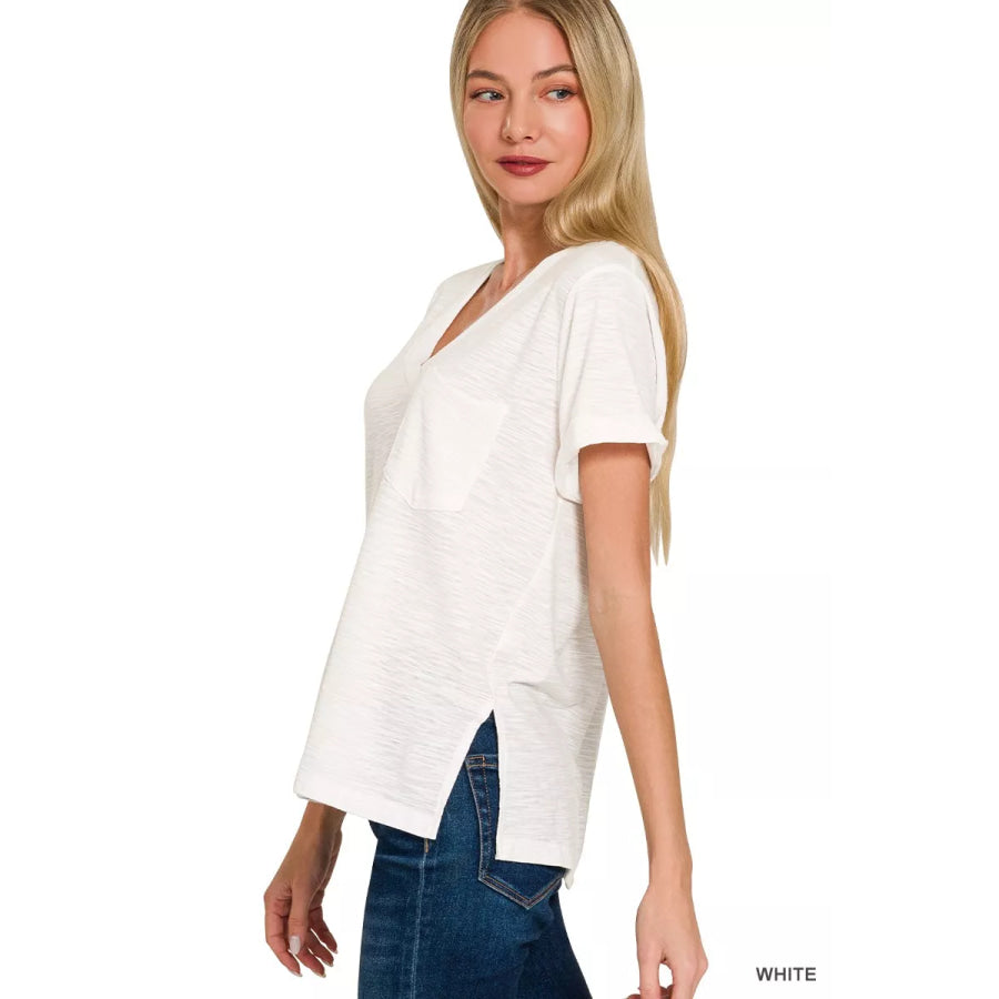 Zenana Slub Rolled Short Sleeve V-Neck Tee Apparel and Accessories