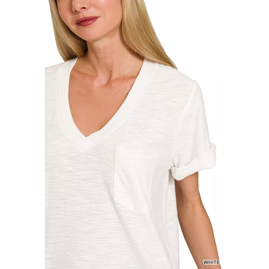 Zenana Slub Rolled Short Sleeve V-Neck Tee Apparel and Accessories