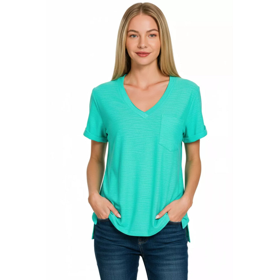 Zenana Slub Rolled Short Sleeve V-Neck Tee Apparel and Accessories