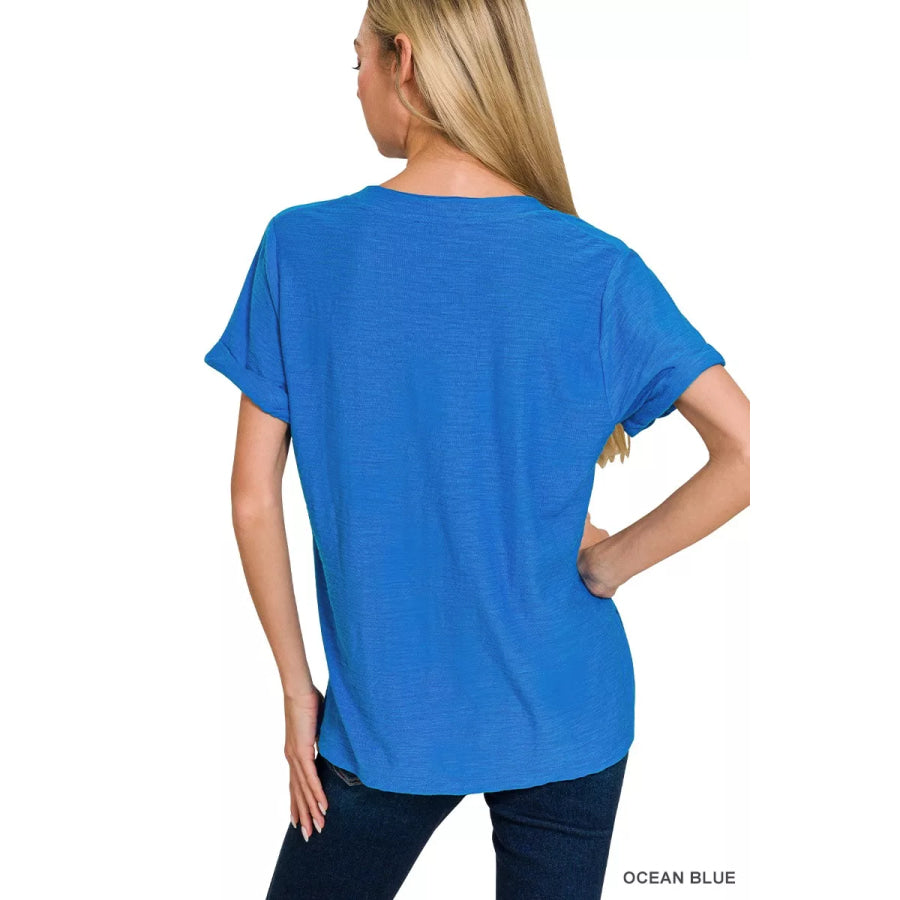 Zenana Slub Rolled Short Sleeve V-Neck Tee Apparel and Accessories