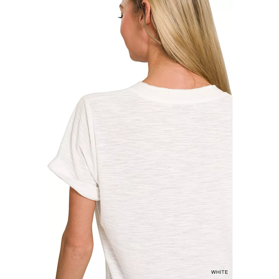 Zenana Slub Rolled Short Sleeve V-Neck Tee Apparel and Accessories