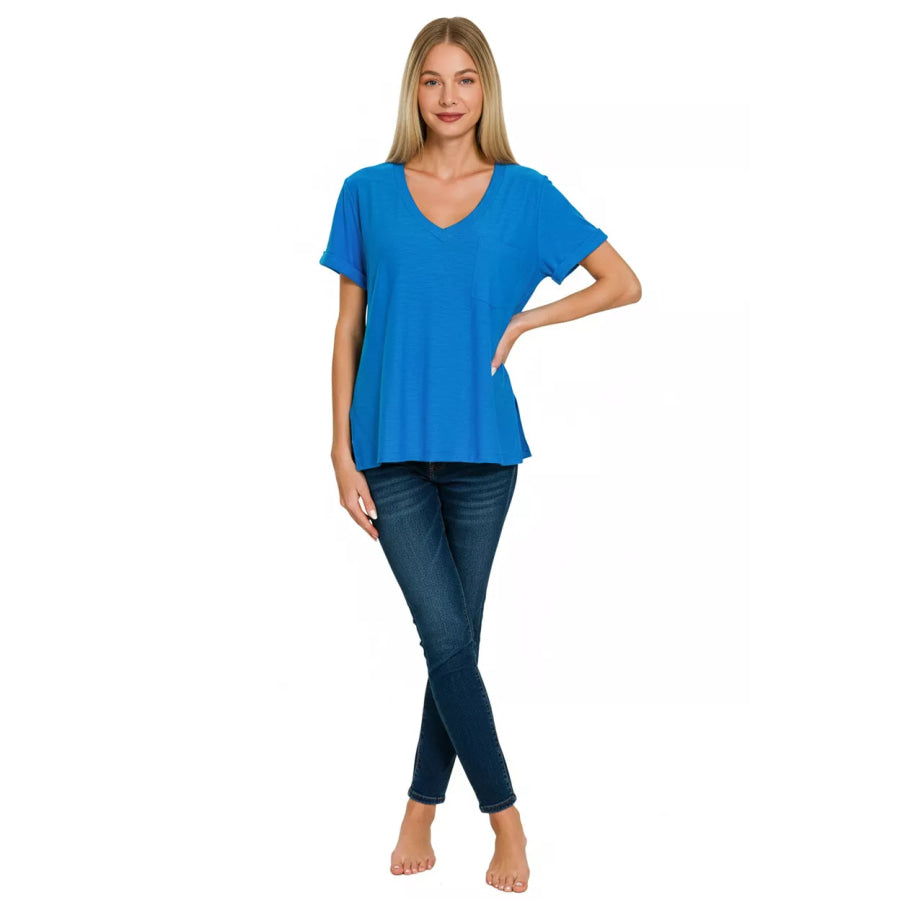 Zenana Slub Rolled Short Sleeve V-Neck Tee Apparel and Accessories