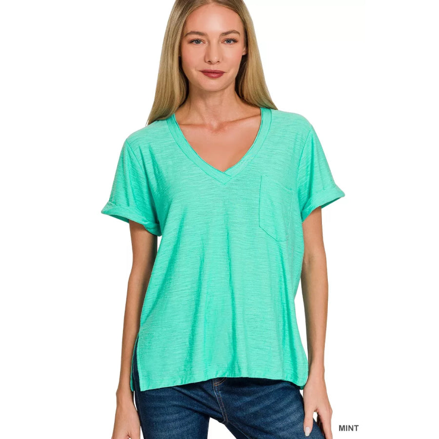 Zenana Slub Rolled Short Sleeve V-Neck Tee MINT / S Apparel and Accessories