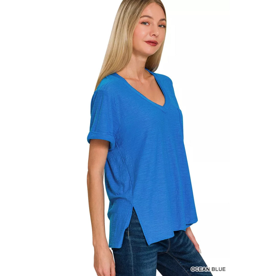 Zenana Slub Rolled Short Sleeve V-Neck Tee OCEAN BLUE / S Apparel and Accessories