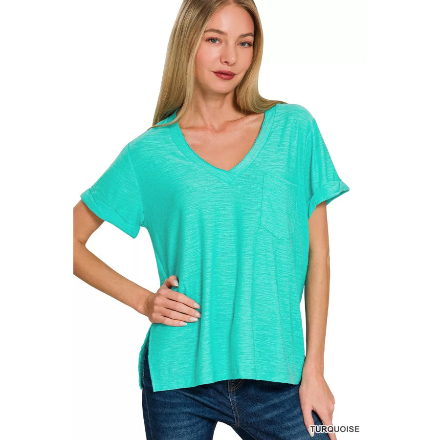 Zenana Slub Rolled Short Sleeve V-Neck Tee TURQUOISE / S Apparel and Accessories