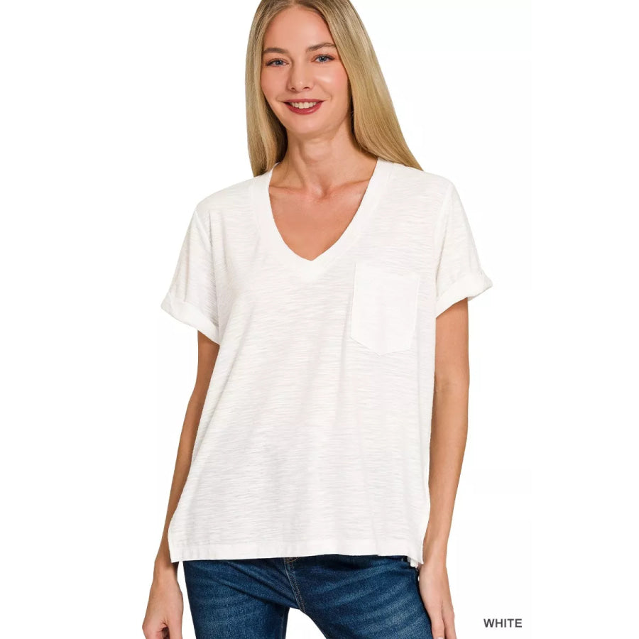 Zenana Slub Rolled Short Sleeve V-Neck Tee WHITE / S Apparel and Accessories