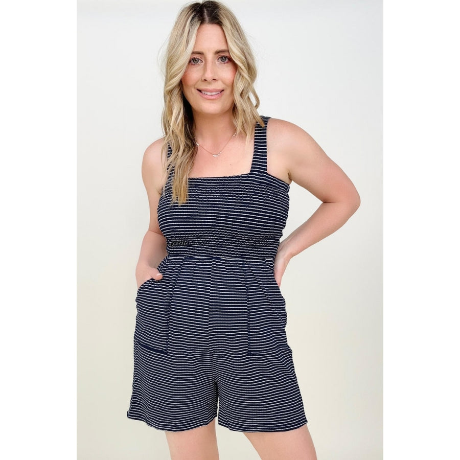 Zenana Smocked Top Striped Romper with Pockets Navy/Ivory / S Rompers